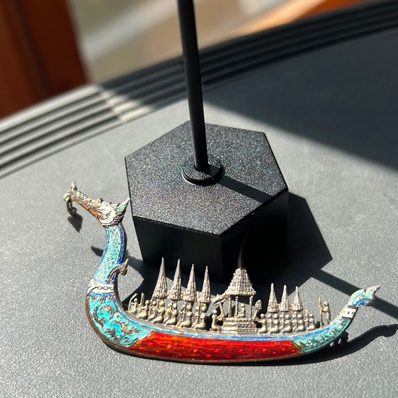 Antique Enamel over Silver Dragon Boat Pin - Picture 2 of 8